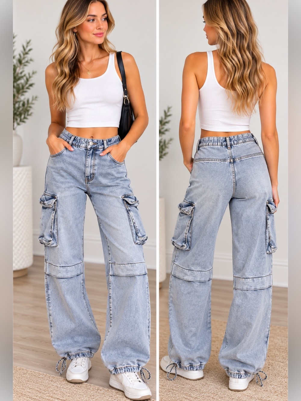 Love Trends XS Light Wash Cargo Jeans Wide Leg Utility Drawstring Pants